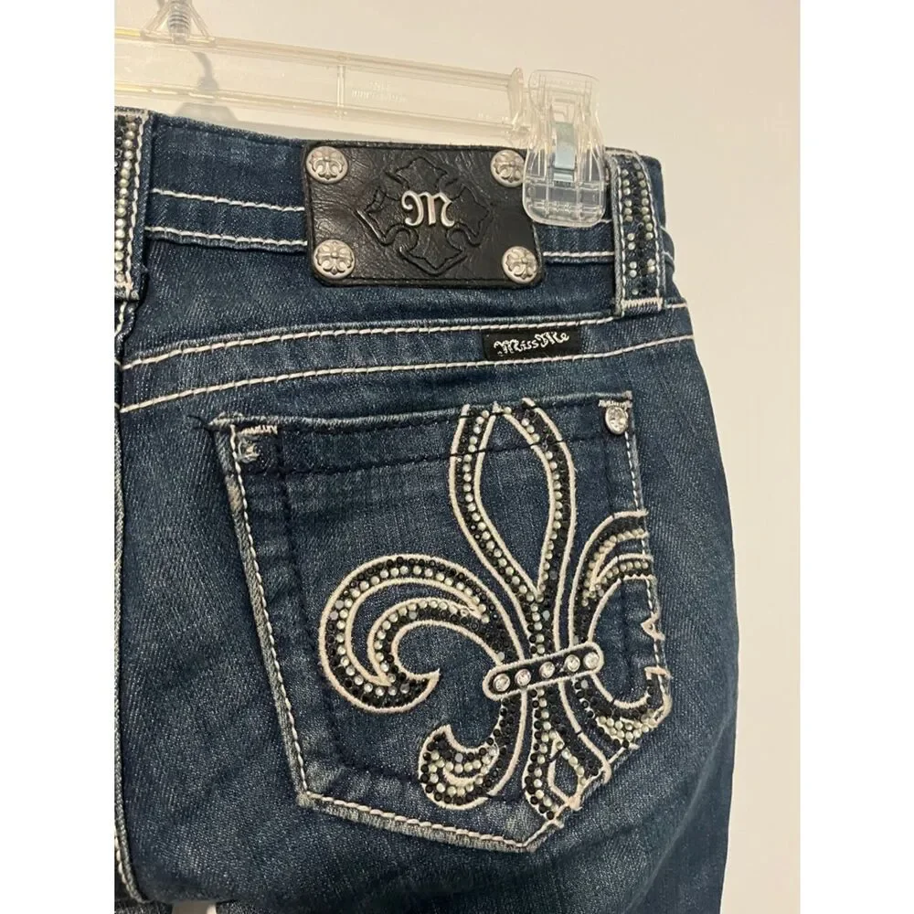 Miss Me Blue Embellished Beaded Factory Distressed Boot Jeans Western Rodeo